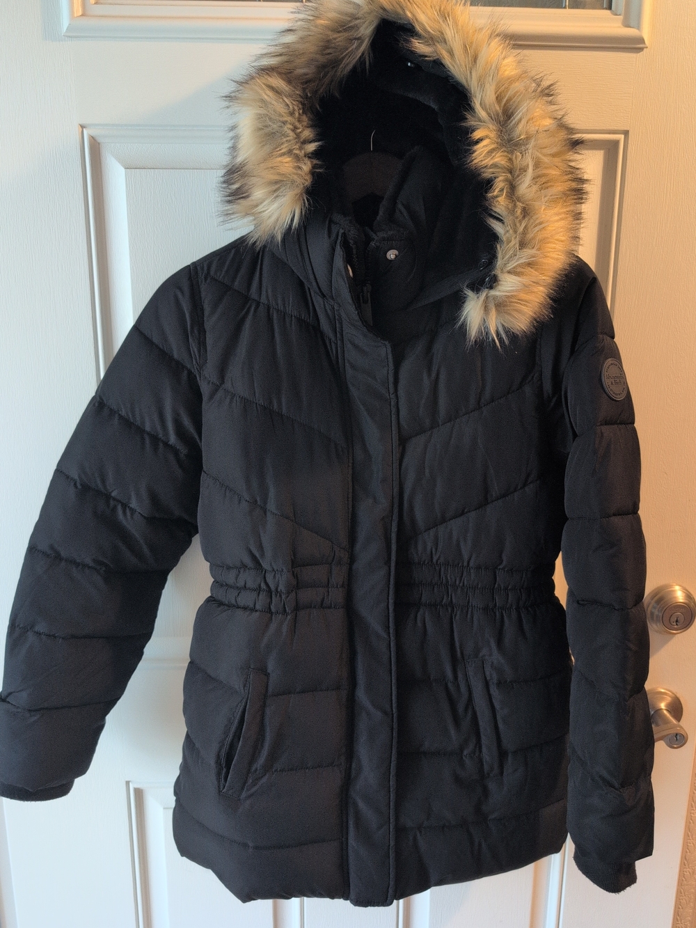 Girls Black Ultra AF Abercrombie Puffer Jacket Hood Fur Sz 13/14